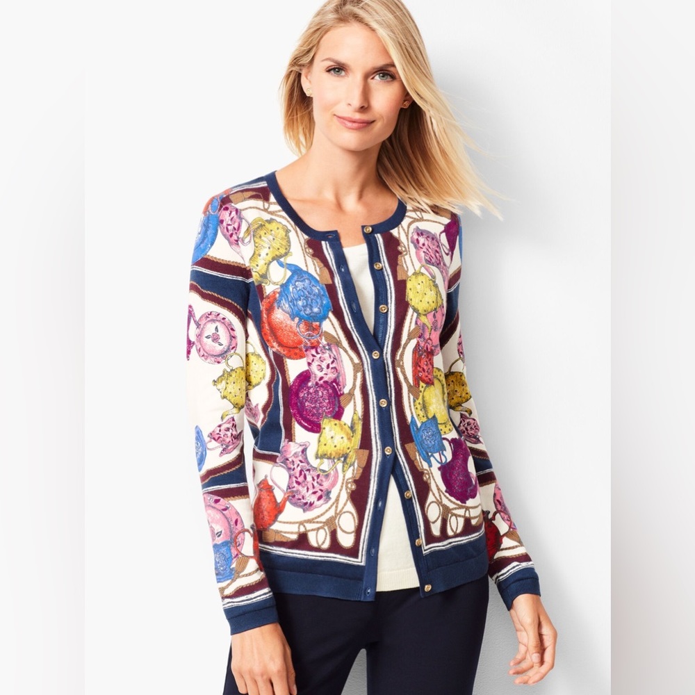Talbots Charming Cardigan Tea Party Graphic Print Cardigan M